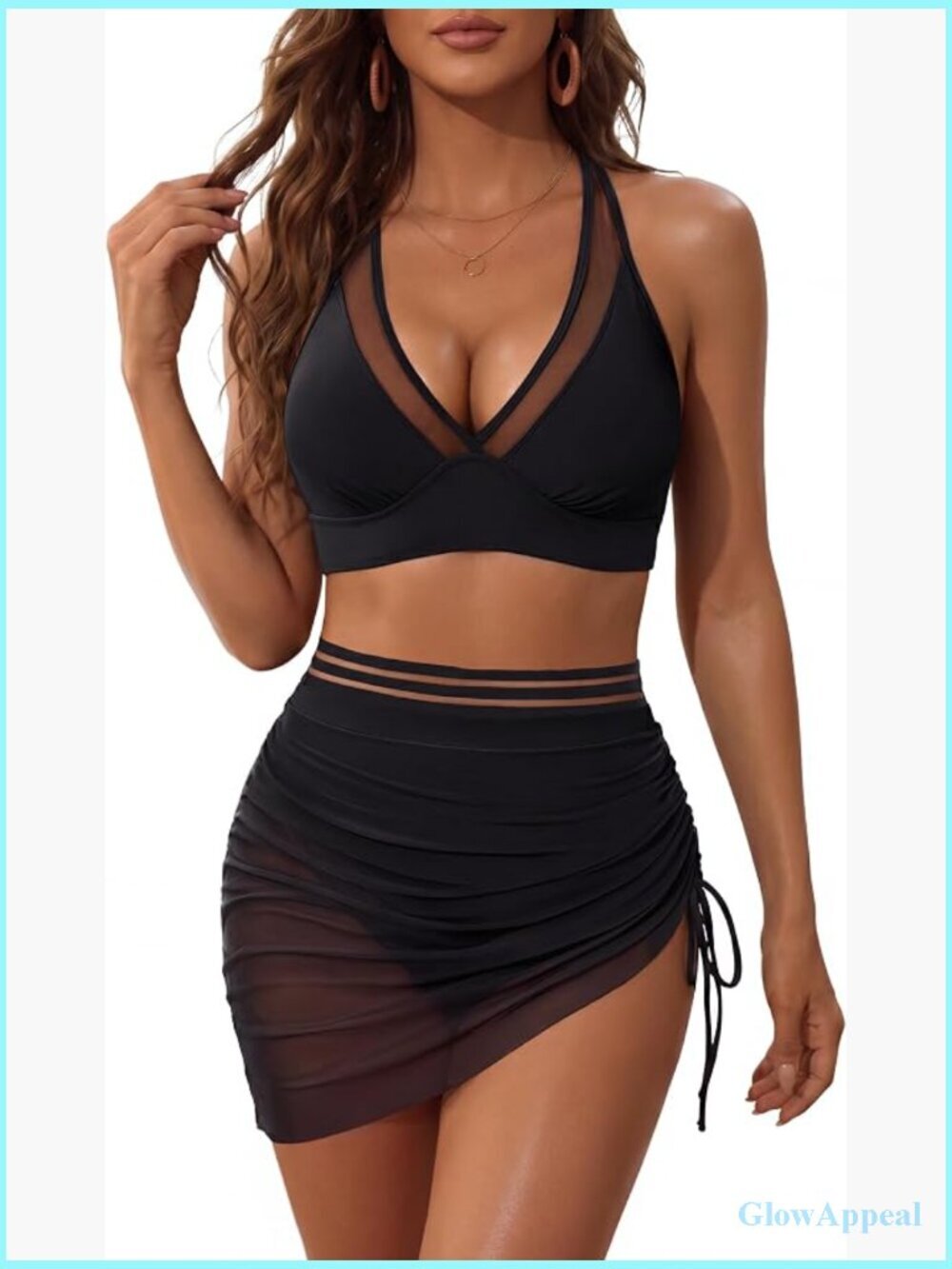 High Waisted Bikini Set with Mesh Sarong Wrap Tummy Control Swim Skirt